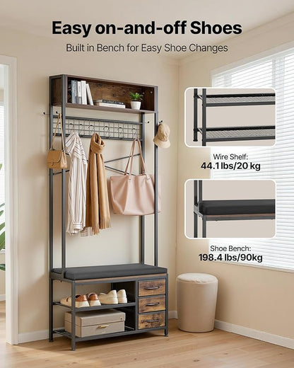 VEVOR Hall Tree with Bench and Shoe Storage, Entryway Bench with Coat Rack, 3 Drawers, 3 Storage Cubbies, 7 Hooks with Soft Cushion for Entryway, Hallway