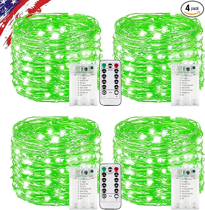 4 Pack Green Fairy Lights Battery Operated with Remote, Waterproof 20FT 60LED Cuttable Twinkle Lights with Timer Indoor Outdoor, String Light for Bedroom, Classroom, Wedding, DIY, Christmas Décor
