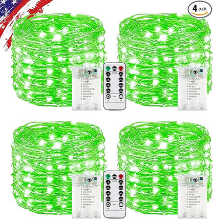 4 Pack Green Fairy Lights Battery Operated with Remote, Waterproof 20FT 60LED Cuttable Twinkle Lights with Timer Indoor Outdoor, String Light for Bedroom, Classroom, Wedding, DIY, Christmas Décor