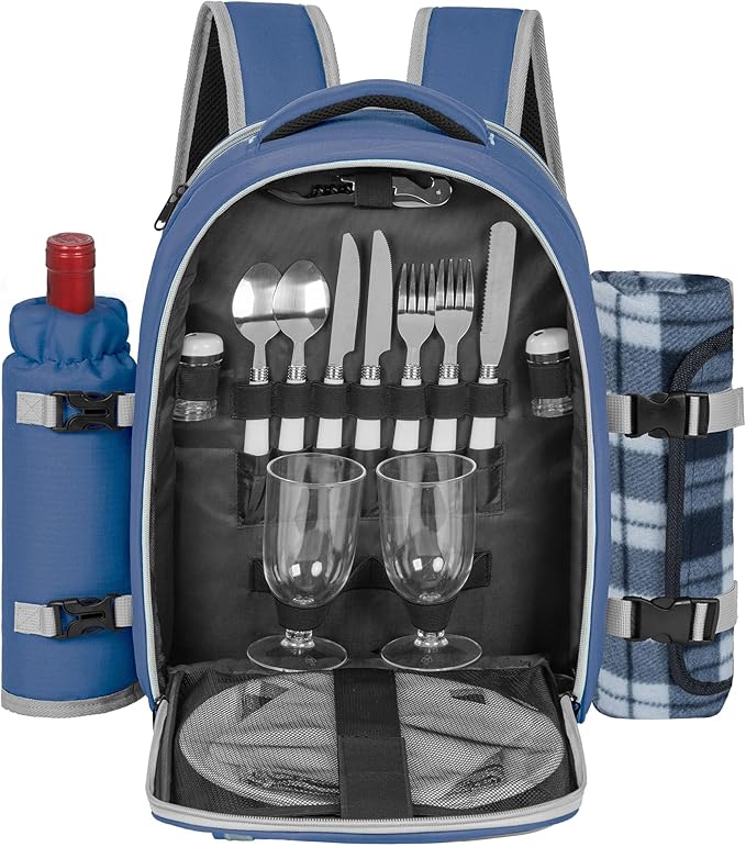 Picnic Backpack for 2 Persons with Insulated Leakproof Cooler Compartment, Cutlery Sets, Wine Holder, Fleece Blanket, Wedding Gifts for Couples, Perfect for Beach, Camping, Hiking, Blue