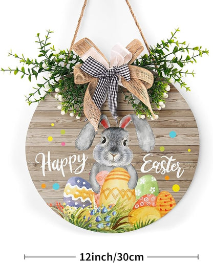 Harooni Rustic Wooden 12x12in Happy Easter Door Sign with Bow, Bunny & Easter Eggs, Perfect for Front Door, Wall, Window, Indoor/Outdoor Use