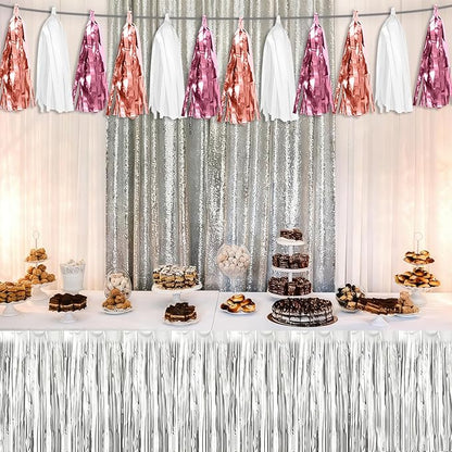 3P Rose-Gold Pink White Tassel Banner Garland Metallic Foil Fringe Banner Tinsel Tassels Streamer Banner Backdrop for Parade Floats, Graduation 2025, Wedding, Birthday, Retirement Party Decorations