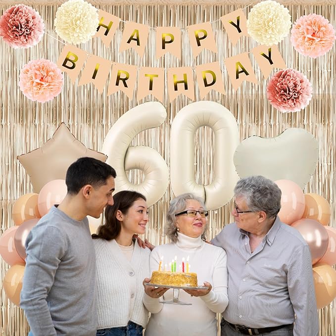 Beige 60th Birthday Decorations for Women Cream Number 60 Balloon Nude Gold Happy Birthday Banner Fringe Curtain Paper Pom Poms Blush White Sand Champagne Star Foil Balloons Neutral Boho Party Decor
