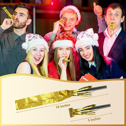 100Pcs New Years Noise Makers Party Favors, Metallic Fringed Party Blowers, Gold New Years Eve Supplies Party Horns NYE Blowers for Adults Women Men Eve Family Gathering