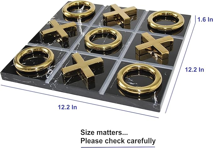 Marble Tic Tac Toe Game for Living Room Decor Centerpiece Black and Gold XO with Black Marble and Gold Color Stainless Steel Decorative Table Top X/O Board Coffee Table Décor