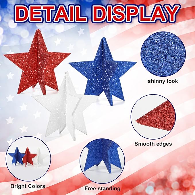 COCHIE 6 Inch Labor Day Decorations Wooden Stars Set, 3D Glitter Star Memorial Day Tiered Tray Decor, 4th of July Red White Blue Patriotic Decoration for Home Table Desk Door Shelf (Solid, 3 Pcs)