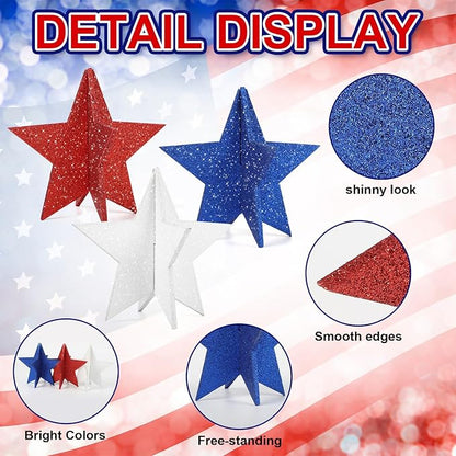 COCHIE 6 Inch Labor Day Decorations Wooden Stars Set, 3D Glitter Star Memorial Day Tiered Tray Decor, 4th of July Red White Blue Patriotic Decoration for Home Table Desk Door Shelf (Solid, 3 Pcs)