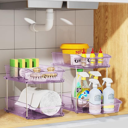 Delamu 2-Tier Under Sink Organizers and Storage, Multi-Purpose Stackable Bathroom Cabinet organizers, Pull Out Kitchen Pantry Organization and Storage with Dividers(2 Pack, Purple)