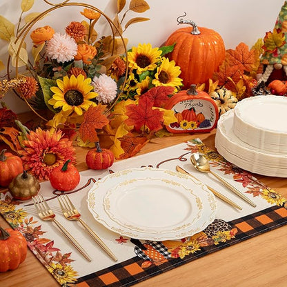 U-QE 100 PCS Ivory Christmas Plastic Plates with Gold Rim - Gold Plastic Plates for Christmas - Heavy Duty Disposable Use Including 50 10 '' & 50 7.5 ''