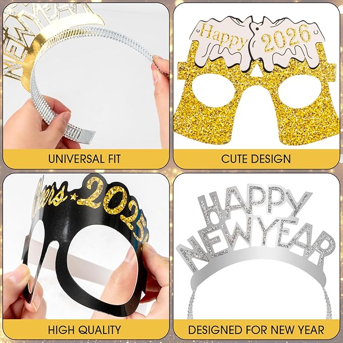 36 Pcs New Years Eve Party Supplies 2026 - New Years Decorations Set, Silver Gold Black Happy New Year Headband Tiara Glasses Noise Makers Bulk for Adults Kids New Year's Gifts Party Favors Decor