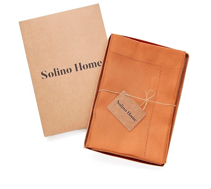 Solino Home Linen Napkins Set of 4 - Classic Hemstitch 100% Pure Linen Pumpkin Dinner Napkins Cloth 20 x 20 Inch for Fall, Autumn, Holiday - Handcrafted and Machine Washable