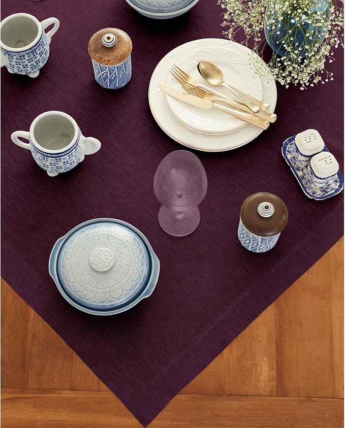 Solino Home Linen Tablecloth 52 x 52 Inch - 100% Pure Linen Square Table Throw - Athena, Machine Washable Chambray Burgundy Tablecloth for Fall, Autumn, Christmas, Holiday, Winter, New Year