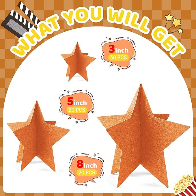 70 Pcs Orange Star Centerpieces for Party Birthday Fall Thanksgiving Decorations 3D Stars Table Decor 3 Sizes 8" 5" 3" Baby Bridal Shower Wedding Orange Friendsgiving Halloween Party Supplies
