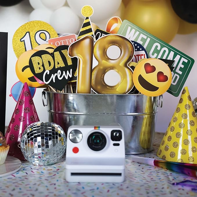 18th Birthday Photo Booth Props - 41-pc Photobooth Kit with 8 x 10-Inch Sign, 60 Adhesive Pads, 45 Sticks - 18th Birthday Decorations for Girls and Boys - 18 Photo Booth Props