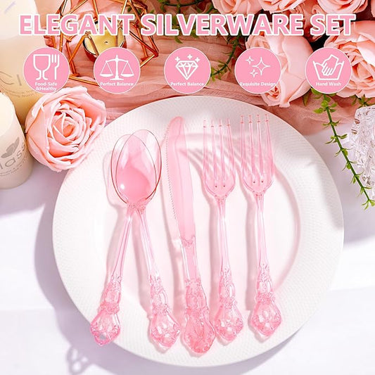 150PCS Pink Plastic Silverware - Heavy Duty Elegant Disposable Utensils - Vintage Clear Pink Cutlery Set Includes 50Forks, 50Spoons, 50Knives for Dinner Parties Weddings