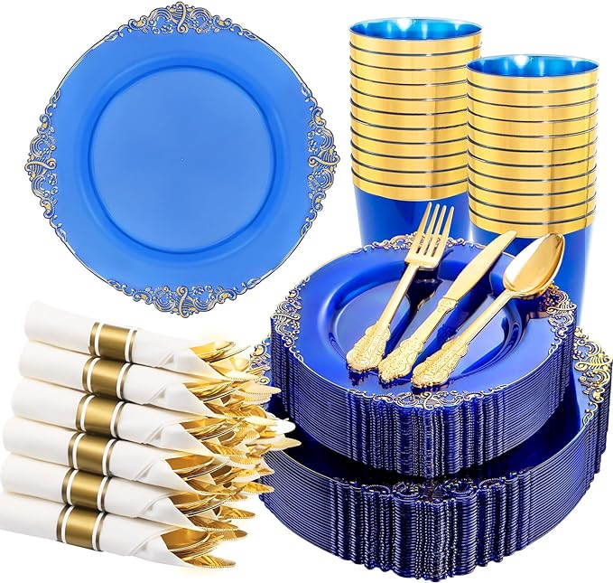 Hioasis 210pcs Blue and Gold Plastic Plates - Elegant Disposable Dinnerware Set Suitable for 30 Guests Include 10.25" Dinner & 7.5" Dessert Plates, Pre Rolled Silverware Set, Cups for Christmas