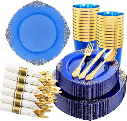 Hioasis 210pcs Blue and Gold Plastic Plates - Elegant Disposable Dinnerware Set Suitable for 30 Guests Include 10.25" Dinner & 7.5" Dessert Plates, Pre Rolled Silverware Set, Cups for Christmas