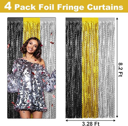 4 Pack Black Gold Silver Fringe Curtain Backdrop 3.2Ft x 8.2Ft Metallic Tinsel Foil Fringe Streamers Background for Photo Booth Mother's Day, Easter, Carnival, Birthday, Wedding Party Decoration