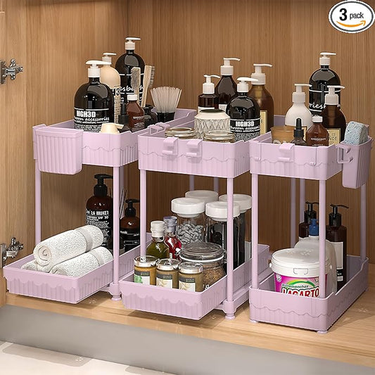 3 Pack Under Sink Organizers, 2-Tier Multi-Use Kitchen and Bathroom Organizers and Storage with Sliding Drawers, Bathroom Cabinet Organizer (Pink, 12.8 Inch)