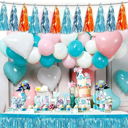 3P Lake Blue Light Blue-Orange Tassel Banner Garland Metallic Foil Fringe Banner Tinsel Tassels Streamer Banner Backdrop for Parade Floats,Graduation Decorations, Wedding Party Decoration