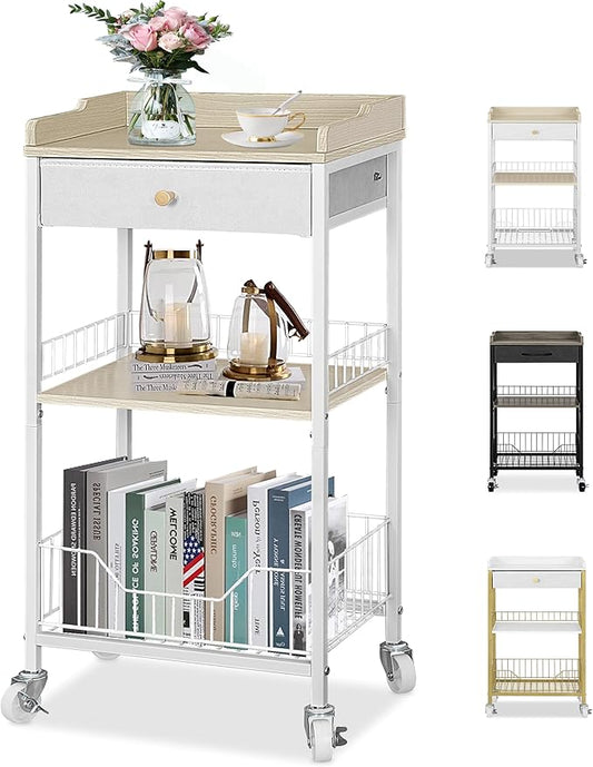 4-Tier Small Side Table with Storage Drawer, Tall Nightstand with Wheels & Basket, Rolling Bathroom Table for Small Spaces, Bedroom, Living Room, Dorm, White and Natural