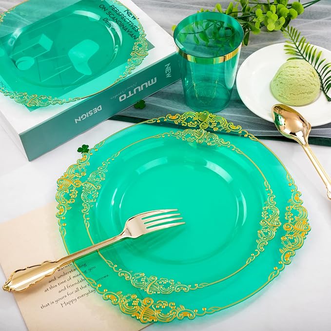 Hioasis 350pcs Clear Green Plastic Plates - Elegant Disposable Dinnerware Set Suitable for 50 Guests Include 10.25" Dinner & 7.5" Dessert Plates, Cutlery, Napkins, Cups for Party & Christmas