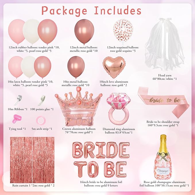 Ouddy Life Rose Gold Bachelorette Party Decorations, Bride to Be Bridal Shower Decoration with Crown Champagnes Diamond Ring Heart Foil Balloons, Veil Sash, Fringe Curtains Engagement Wedding Supply