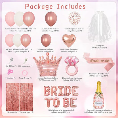 Ouddy Life Rose Gold Bachelorette Party Decorations, Bride to Be Bridal Shower Decoration with Crown Champagnes Diamond Ring Heart Foil Balloons, Veil Sash, Fringe Curtains Engagement Wedding Supply