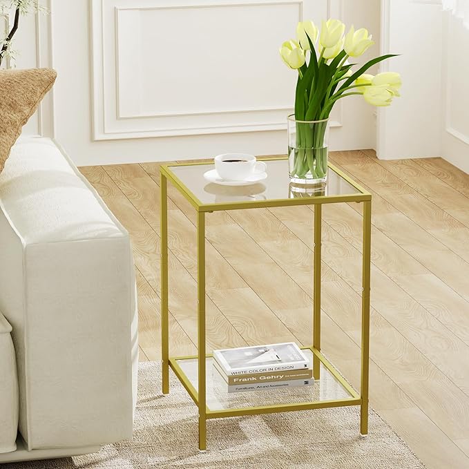 Side Tables Set of 2, End Table with Tempered Glass, 2-Tier Nightstands with Storage Shelves, Coffee Table with Modern Style, Square Sofa Table for Living Room, Bedroom, 15.7"D x 15.7"W, Gold