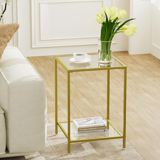 Side Tables Set of 2, End Table with Tempered Glass, 2-Tier Nightstands with Storage Shelves, Coffee Table with Modern Style, Square Sofa Table for Living Room, Bedroom, 15.7"D x 15.7"W, Gold