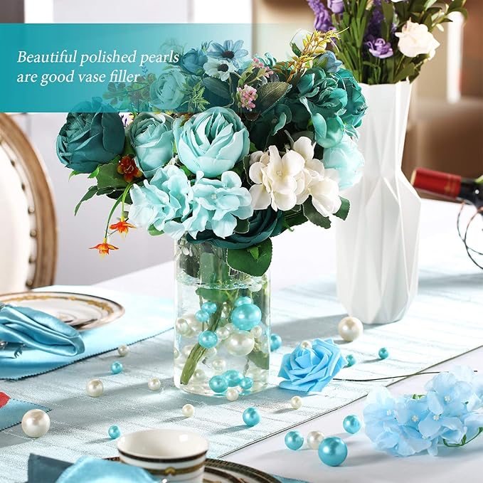 Hicarer 120 Pieces Pearl for Vase Filler Pearl Bead Vase Centerpieces Brush Holder Assorted Round Faux Bead for Crafting, Home Wedding Table Decor 14/20/30 mm(Creamy White, Turquoise)