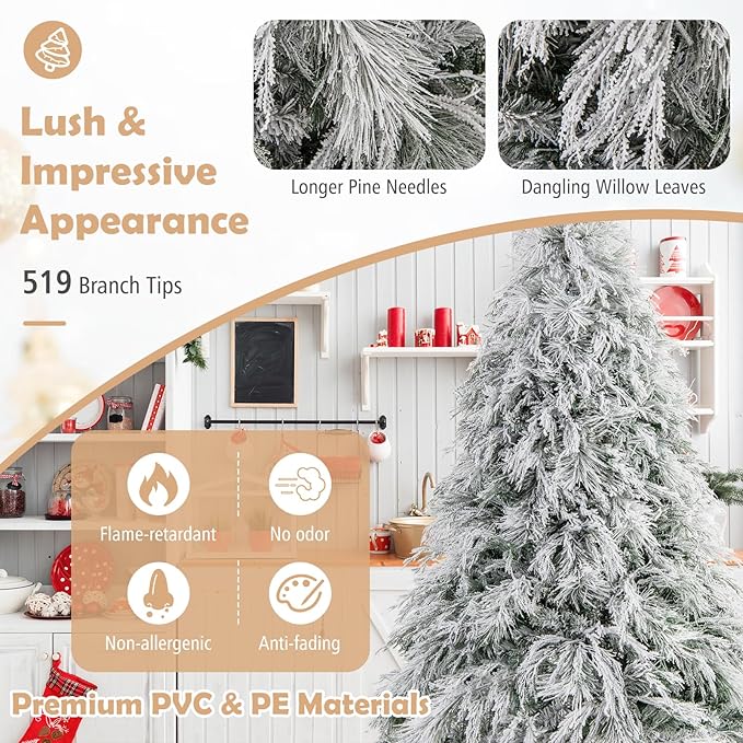 GOFLAME 6ft Pre-Lit Christmas Tree Snow Flocked, Hinged Artificial Xmas Tree with 519 Branch Tips, 250 Warm White LED Lights, Willow Leaves, Holiday Decoration Tree for Home Office Party