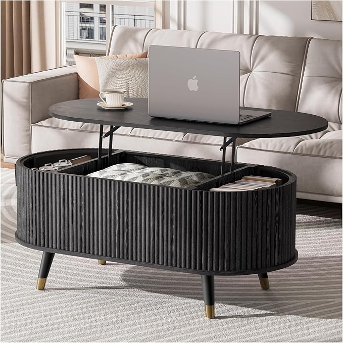 42.5" Oval Lift Top Coffee Table with Storage,Modern Black Center Table with Fluted Design, Pop Up CoffeeTable for Living Room,Solid Wood Legs & Hidden Compartment,