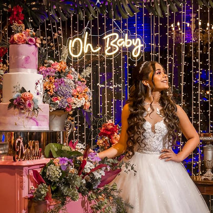 Oh Baby Neon Sign for Backdrop, 16.5”x 6.9” Dimmable Led Light up Sign for Baby Shower - Gender Reveal Birthday Party Decorations - Warm White