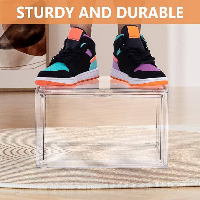 Acrylic Shoe Storage Boxes with Magnetic Door - 360° Clear Stackable Shoe Display Box Set, Plastic Shoe Cabinet Rack Box for Sneakers Heels Shoes (12, Clear, XL - Side Open)