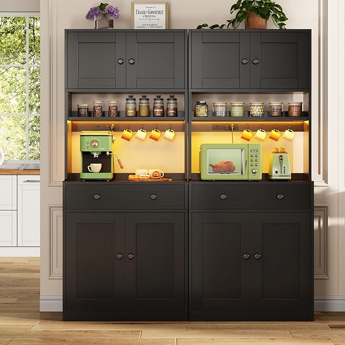 71" Tall Kitchen Pantry Storage Cabinet with Power Outlet & LED Light, Freestanding Food Pantry Cabinet with 4 Doors and Shelves, Cupboard with Drawer, Hutch with Microwave Stand (Black)