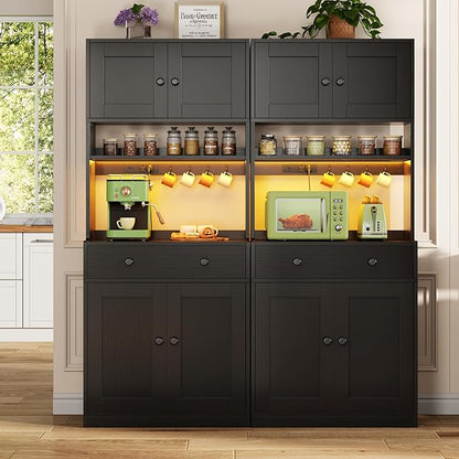 71" Tall Kitchen Pantry Storage Cabinet with Power Outlet & LED Light, Freestanding Food Pantry Cabinet with 4 Doors and Shelves, Cupboard with Drawer, Hutch with Microwave Stand (Black)