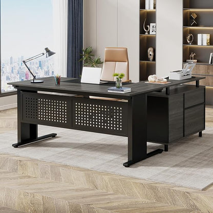 Tribesigns 63 Inch Executive Desk with File Cabinet, L Shaped Office Desk with Drawers and Storage Shelves, Business Furniture Set Workstation for Home Office, Gray and Black