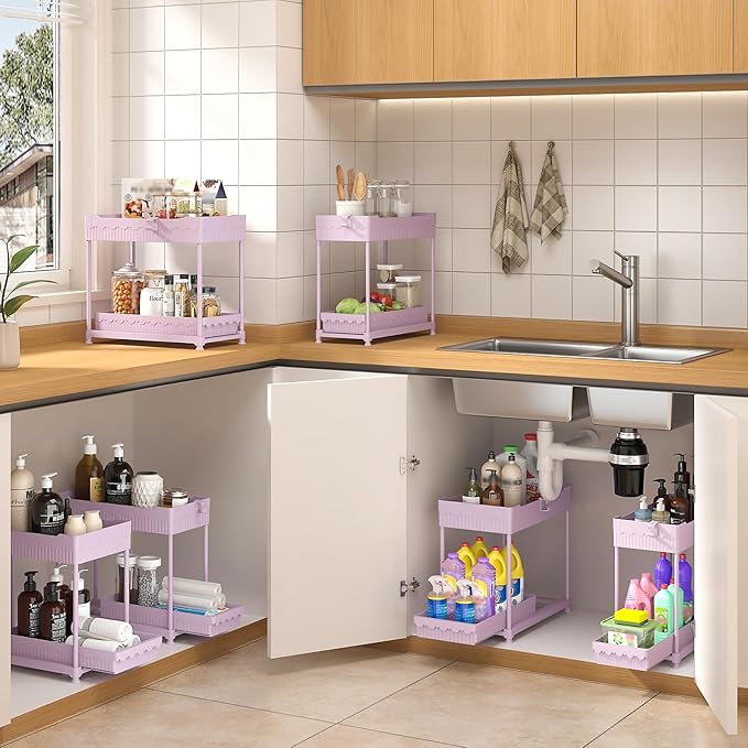 3 Pack Under Sink Organizers, 2-Tier Multi-Use Kitchen and Bathroom Organizers and Storage with Sliding Drawers, Bathroom Cabinet Organizer (Pink, 12.8 Inch)
