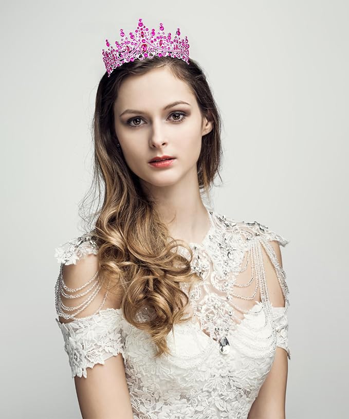 COCIDE Hot Pink Crowns for Women Hot Pink Tiaras for Women Costume Halloween Girls Hair Accessories Royal Crystal Headbands Cosplay Princess Birthday Pageant Bride Headpieces