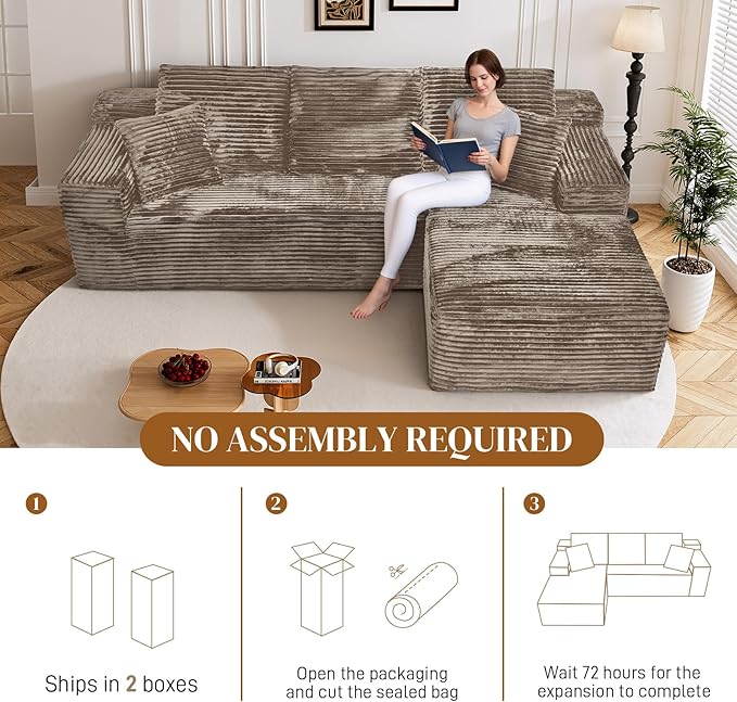 108" L Shaped Boneless Sectional Couches for Living Room, Comfy Corduroy Floor Cloud Sofa with Chaise, Wide Armrest, Deep Seat, Memory Foam, Assembly Free, Ideal for Small Spaces, Brown