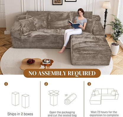 108" L Shaped Boneless Sectional Couches for Living Room, Comfy Corduroy Floor Cloud Sofa with Chaise, Wide Armrest, Deep Seat, Memory Foam, Assembly Free, Ideal for Small Spaces, Brown