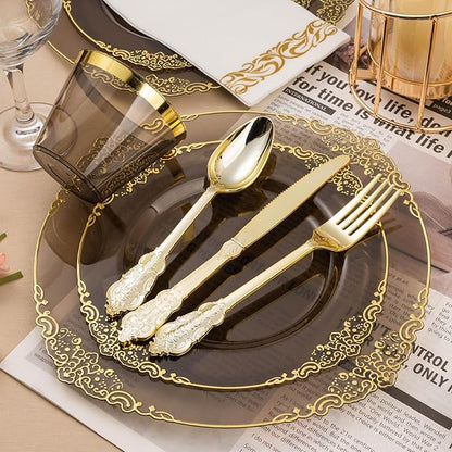 350PCS Clear Black Plastic Plates for 50 Guests, Disposable Plates with Gold Trim include 50 Dinner and Dessert Plates, 150 Gold Silverware, 50 Cups, 50 Napkins for Party & Graduation