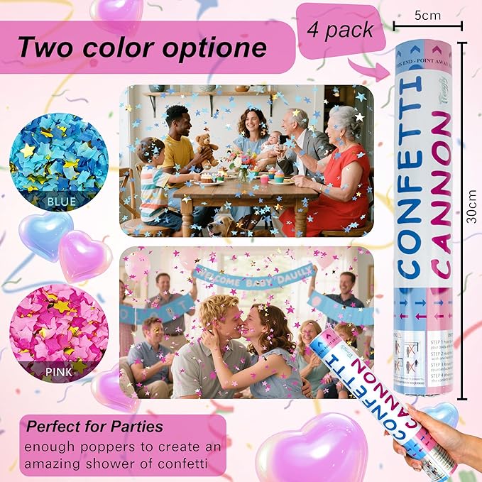 4 Pack Gender Reveal Confetti Cannon, 12 in Pink Star Shaped Paper Party Poppers Cannons, Confetti Poppers For Baby Boy Girl Gender Reveal Baby Showers (Star, Pink)