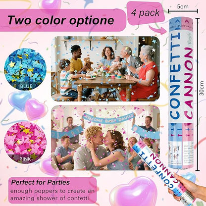 4 Pack Gender Reveal Confetti Cannon, 12 in Pink Star Shaped Paper Party Poppers Cannons, Confetti Poppers For Baby Boy Girl Gender Reveal Baby Showers (Star, Pink)