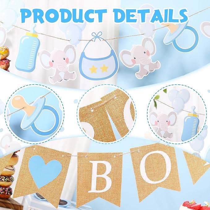 2 Pcs Baby Boy Shower Decorations Pre-Strung It's A Boy Burlap Banner and Elephant Baby Banner for Gender Reveal Birthday Shower Party Decorations