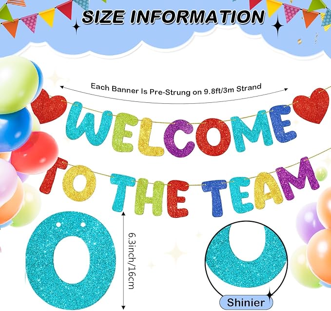 Fulmoon Pre Strung Welcome to The Team Banner with Two Heart Signs, NO DIY, Glitter Welcome Party Supplies for New Employee, Coworker, Colleague, Staff, Team Member Office Decorations (Colorful)