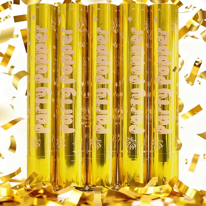 12 Inch Gold Confetti Poppers | 5 Pack Confetti Cannons for Weddings, New Years, Graduation, Anniversary and Any Celebration