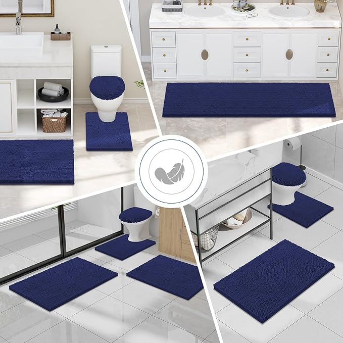 Smiry Luxury Chenille Bathroom Rugs 24x16, Extra Soft and Absorbent Shaggy Bath Mat, Machine Washable, Non-Slip Plush Carpet Runner for Tub, Shower, and Floor, Home Decor Accessories, Deep Blue
