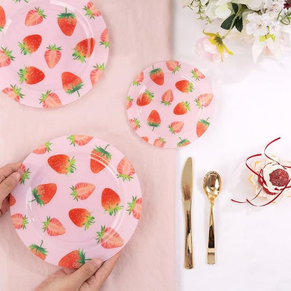 WELLIFE 20PCS Strawberry Plates – Pink Plastic Dinner & Dessert Plates (10×9.2" + 10×6.3"), Girls Birthday Party Plates, Baby Shower Tableware & Berry First Birthday Decorations